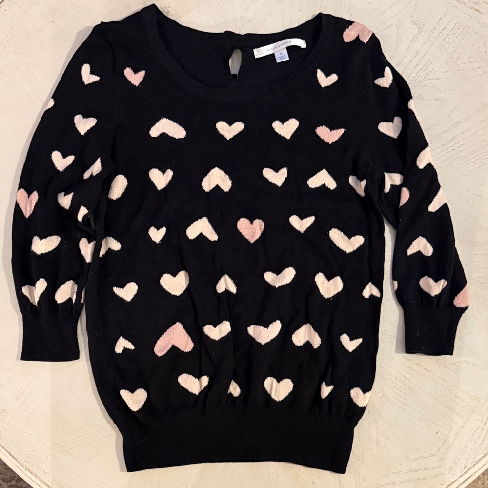LC Lauren Conrad Black Heart Pattern Crewneck Sweater With Bow Ties Med